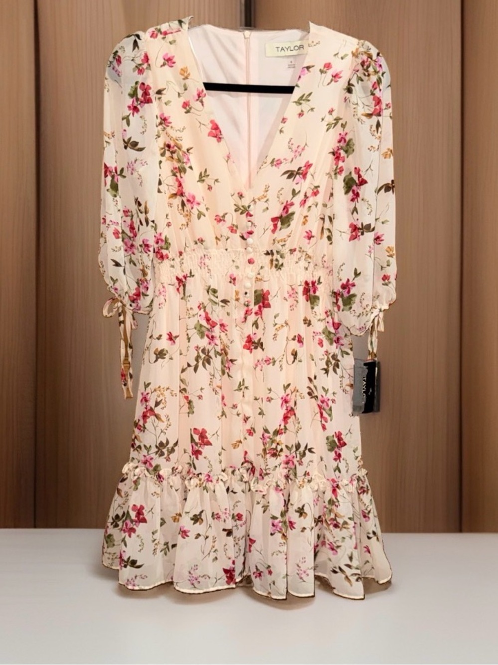 NWT Taylor Women’s Cream Midi Dress with Pink Floral Print-6